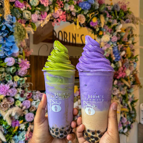 Taro & Coffee Boba Milk Tea w Matcha & Ube Soft Serve