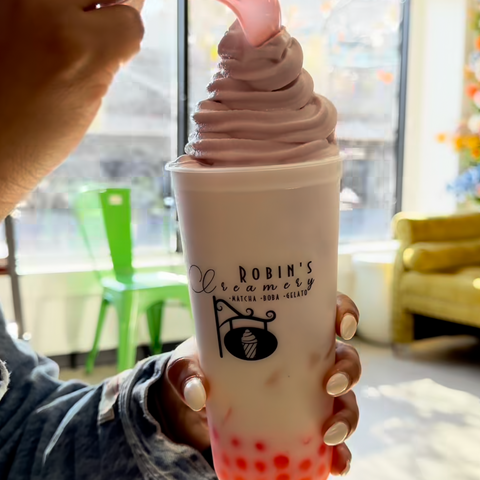 Vanilla Milk Tea w Strawberry Popping Boba & Taro Soft Serve