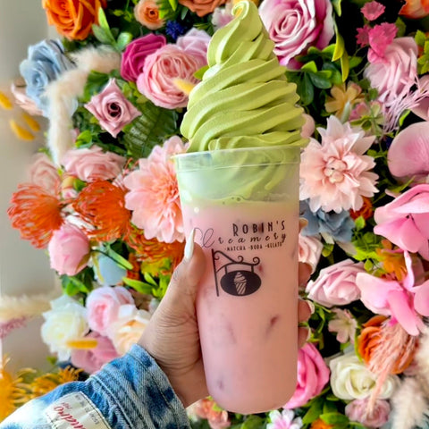 Strawberry Milk Tea w Matcha Soft Serve