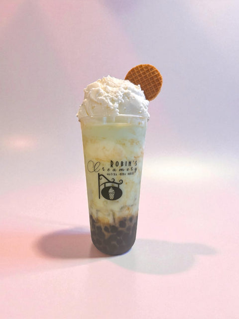Pandan Coconut Boba Milk Tea w Honey Drizzle Topped w Coconut Gelato